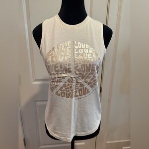 Spiritual Gangster Cream Muscle Tee with Love Graphic in Gold